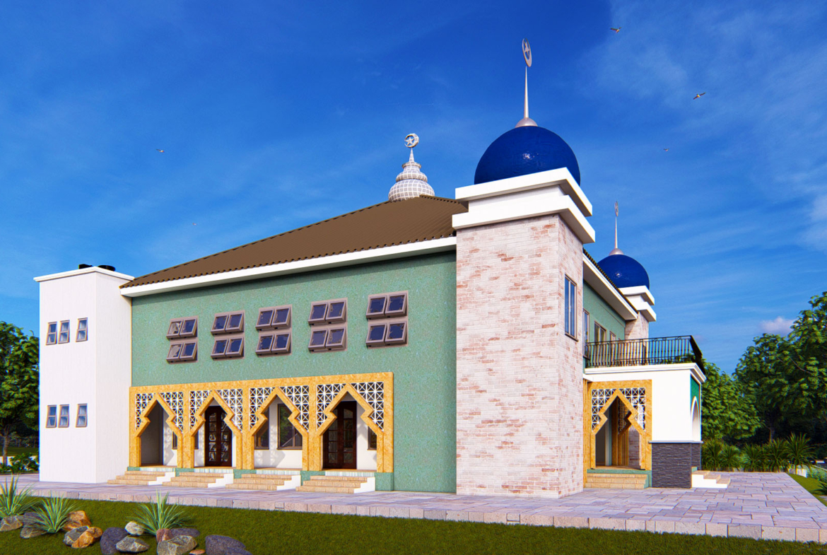 Islamic mosque design with blue domes in Ghana's architectural style