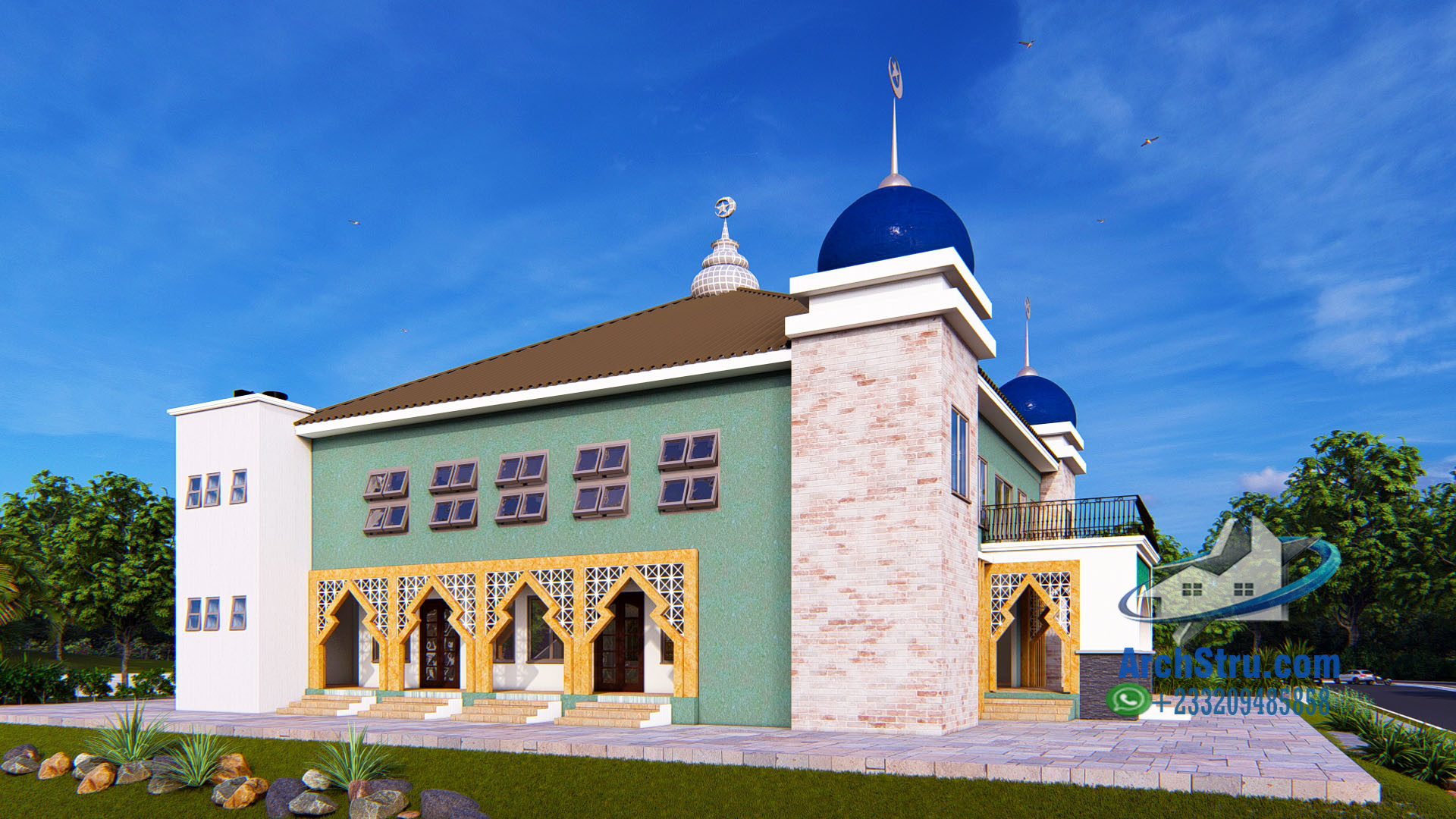 Islamic mosque design with blue domes in Ghana's architectural style
