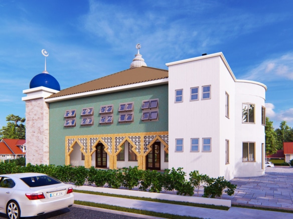 large mosque design with prayer hall and courtyard