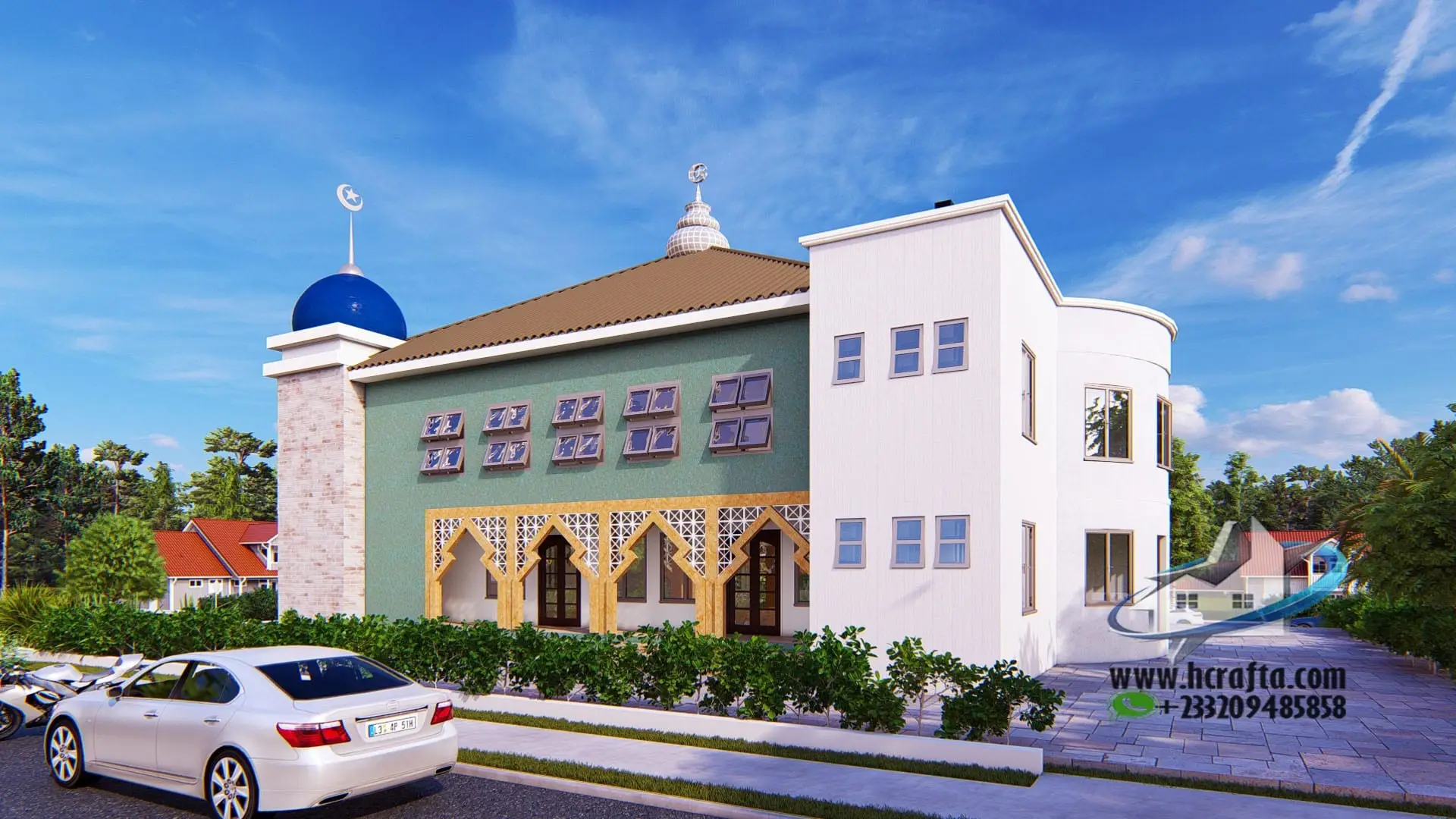 large mosque design with prayer hall and courtyard