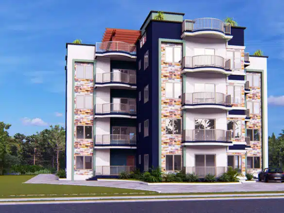 Modern apartment building design in Ghana with vibrant facade