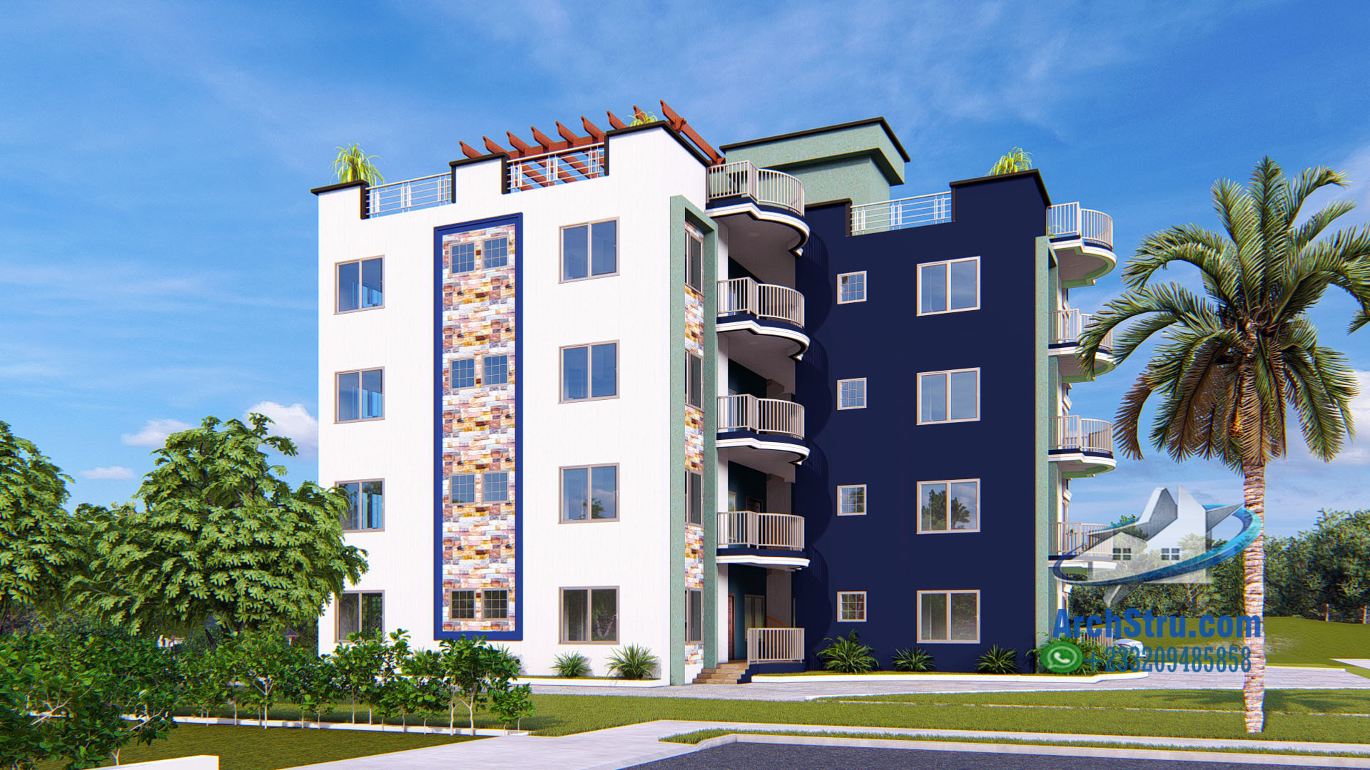 Modern apartment building design Ghana with vibrant exterior