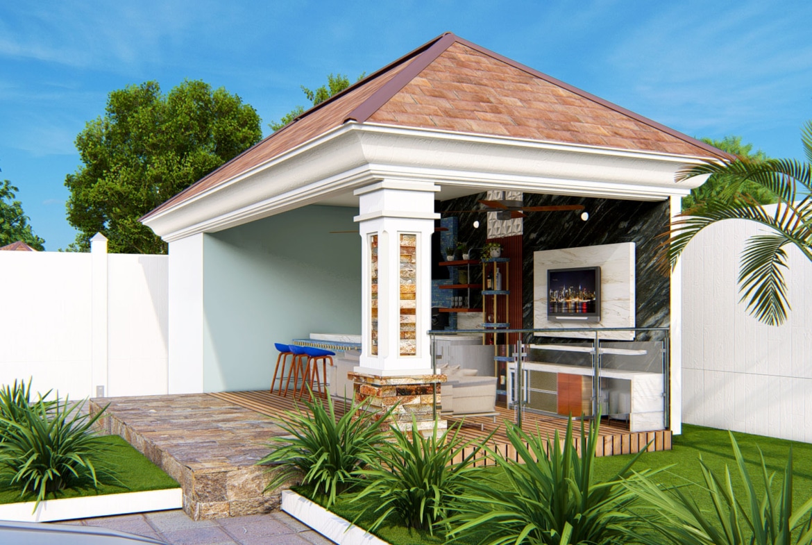outdoor kitchen landscape design with garden view
