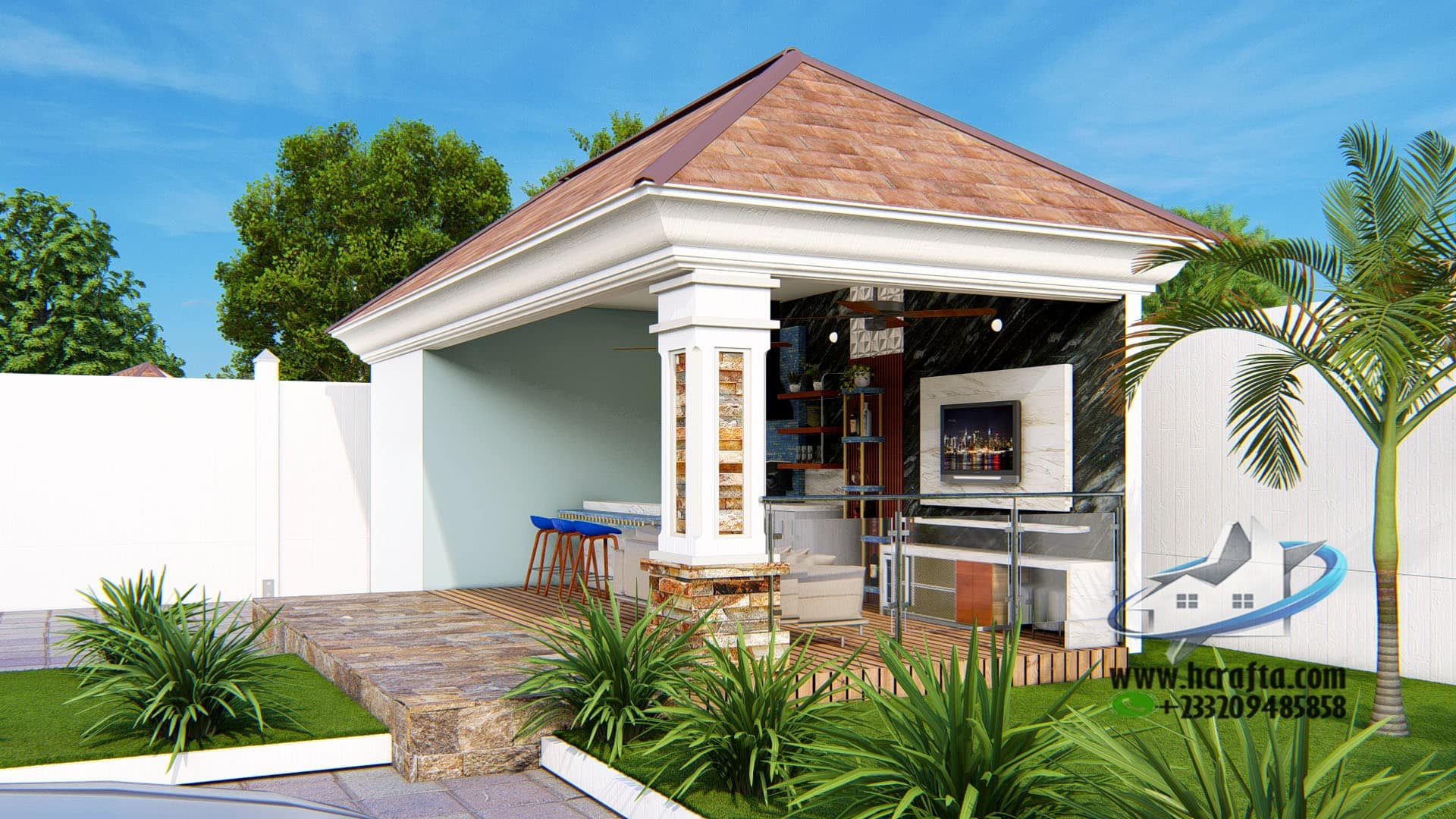 outdoor kitchen landscape design with garden view