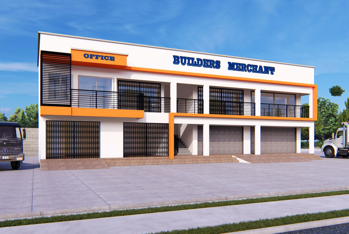 Modern retail shop design with Builders Merchant signage and parking area