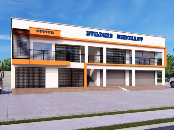 Modern retail shop design with Builders Merchant signage and parking area
