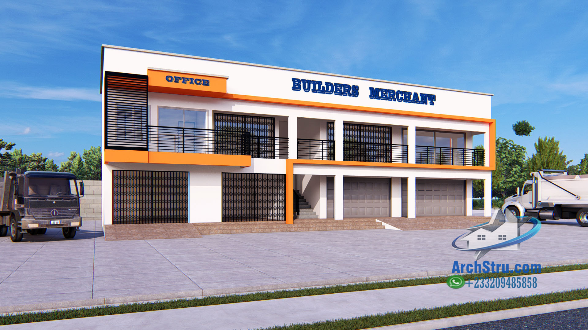 Contemporary Builders Merchant Retail Design Modern retail shop design with Builders Merchant signage and parking area