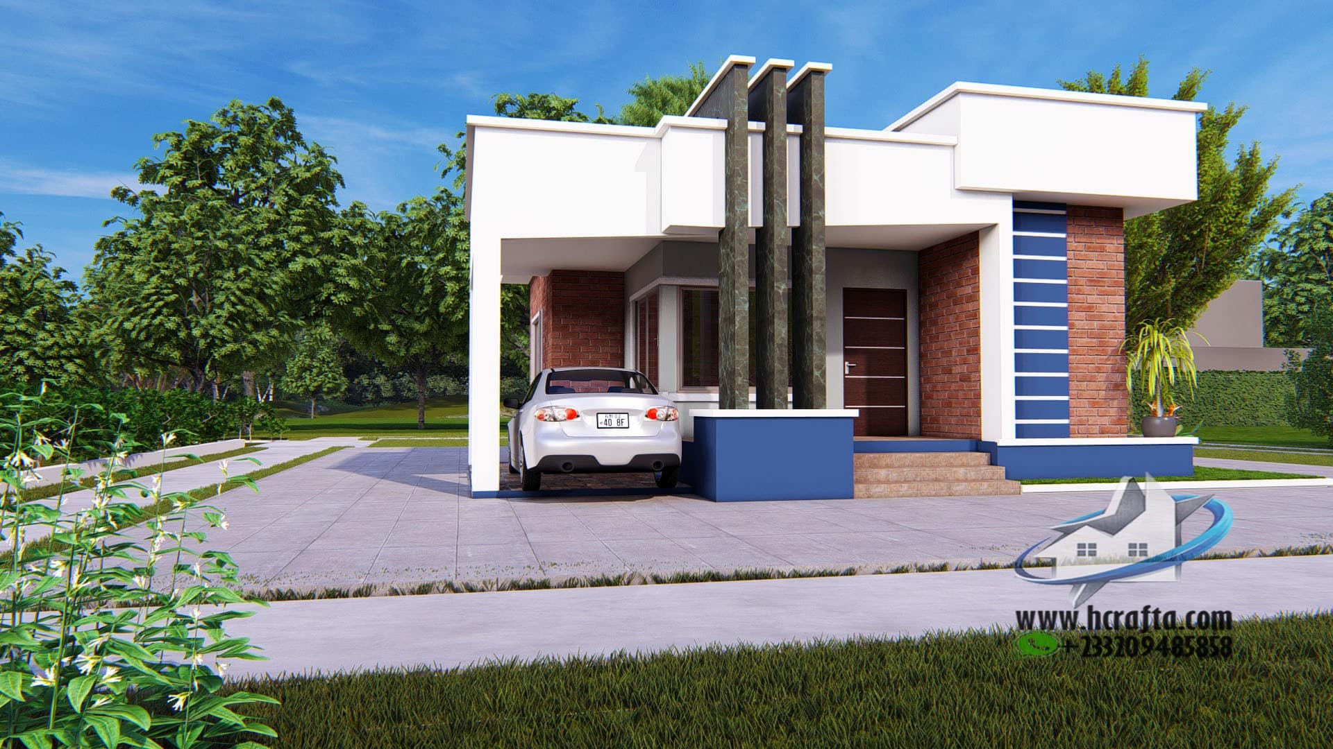 3D modern 2 bedroom house design Ghana modern 2 bedroom bungalow design in Ghana exterio